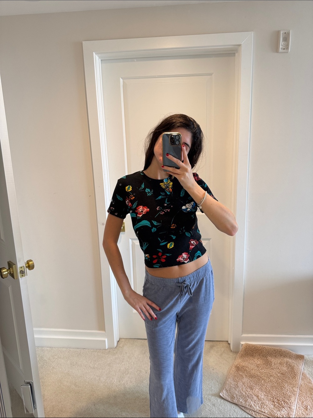 Zara Black Floral Short Sleeve Crop Top